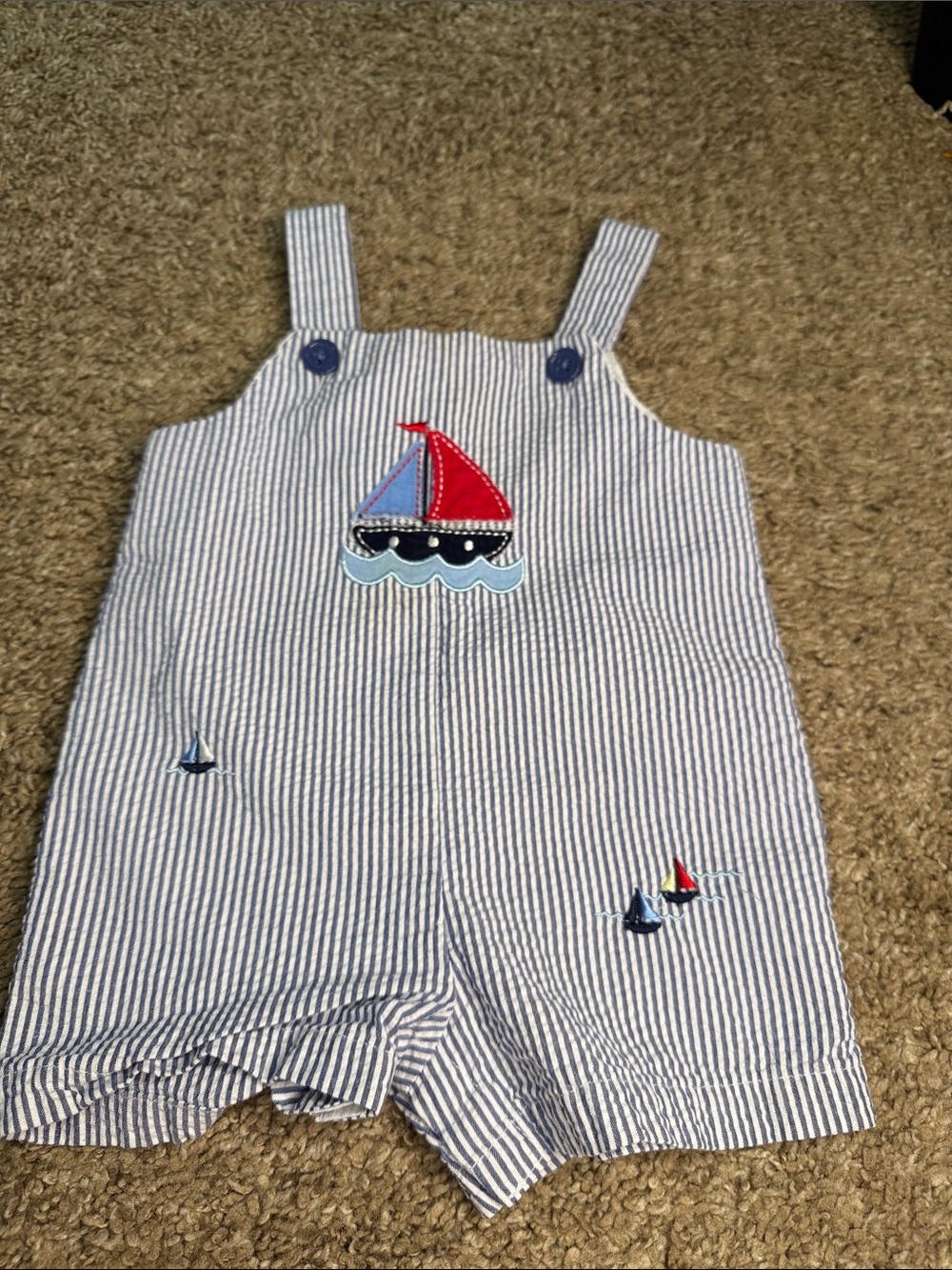 Nursery Rhyme Blue and White Striped Sailboat One-Piece